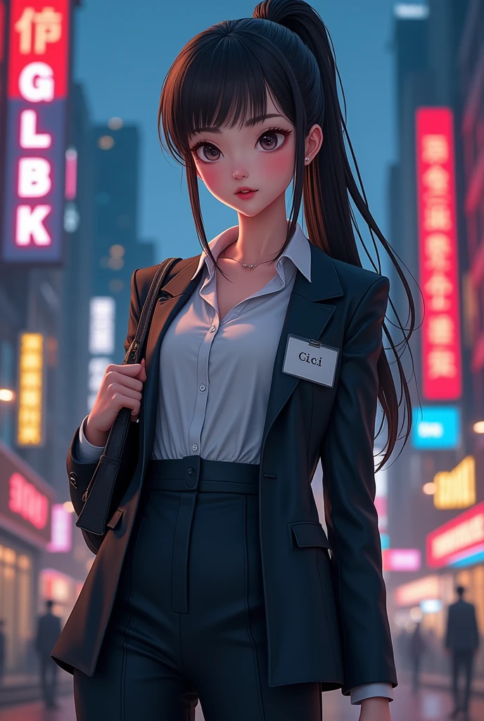 Create anime character;
{background: capital HD text: “GLBK” in center-top, night}, white skin,
realistic, HDR, beautiful, donghua style, full body, age 20, office clothes, name card: “CICI”, female, black hair, long hair, pony hair, like mafia