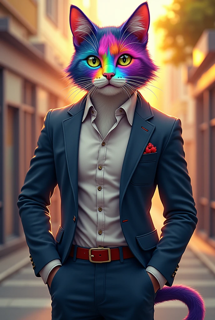 A 2 cat with raibow face, now he is fit, with a neat appearance, and wearing fit body tishirt and handsome clothes in the school.