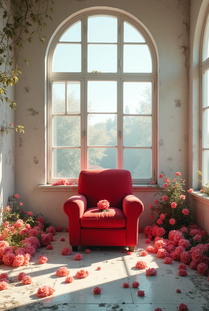Inside the abandoned room、An unbroken red plush chair in the middle of the room、A rose on a chair、windowが多い、wallが壊れている、(window、wall、door、The floor is collapsing:2.0)、White Room、peace、The morning sun is shining and it's bright、(床やwallに満開の色とりどりで鮮やかに光る美しい花々The grass is blooming:1.9)、There is no one、front、Highest quality、8k、high resolution、9:16