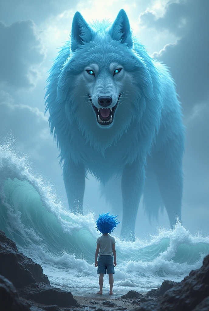 A boy with blue hair stand near the water wolf in a tsunami hurricane