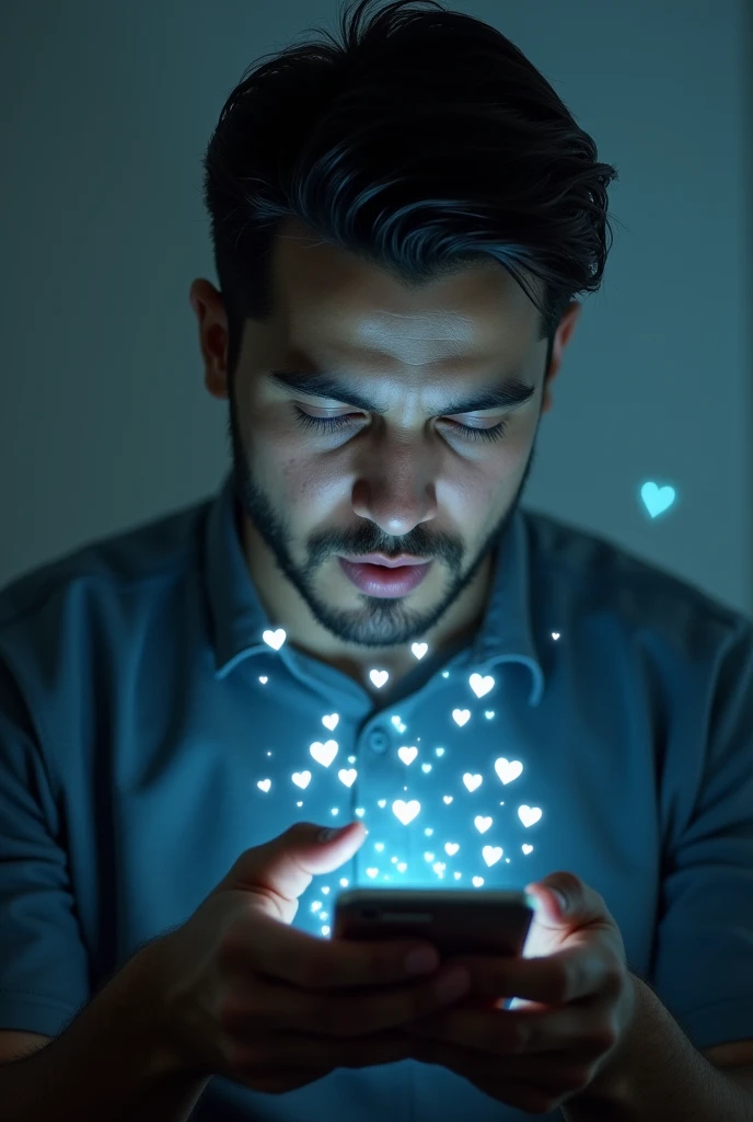 Hypnotized man looking at his cell phone while likes and hearts appear on the screen 