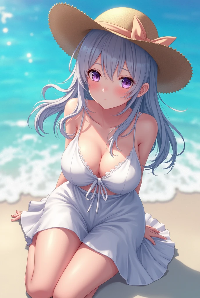 Highest quality, masterpiece, , ,short, Huge breasts, Gray Hair,Low twin tails, Purple eyes, Yukinecris, Thin twin tails,, Beach, Ocean, White Dress, White Skirt, White dress, Straw hat, (((shy))), (Happy), Leaning forward, summer, From above, Reaching out, smile,