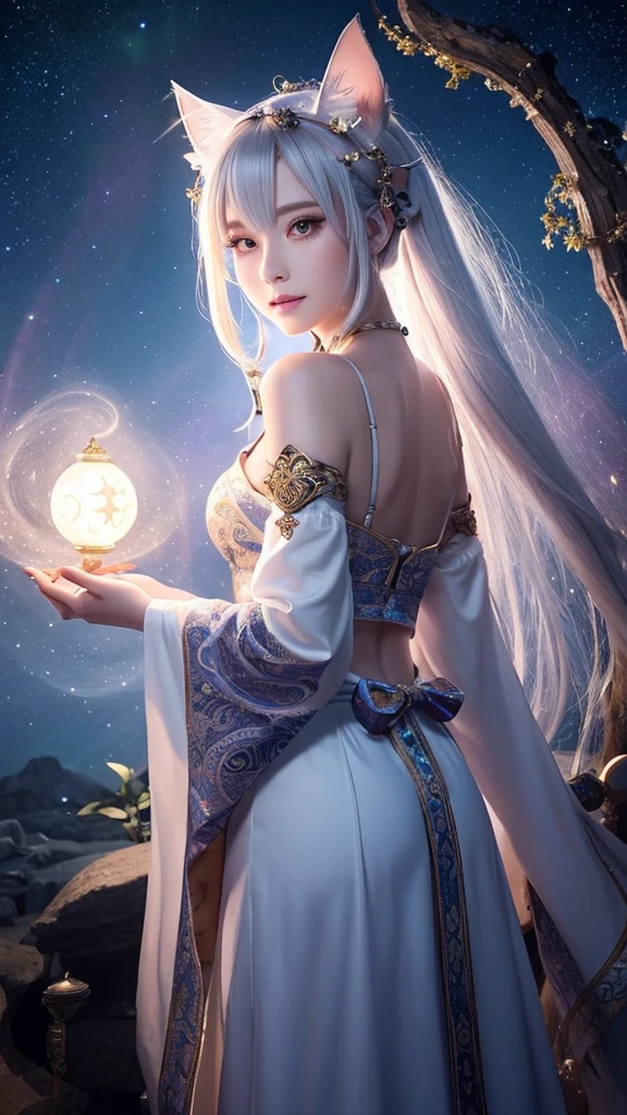A beautiful fortune teller with long flowing white hair and cat ears、Standing with the body facing forward。She has a mysterious and unrealistic air about her.、His sharp eyes seem to harbor ancient wisdom.。Wearing intricately patterned robes、Interwoven with mystical symbols and elements of the night sky。The background is a magnificent and spectacular scene.、Swirling Galaxy、Twinkling Star々、And the mysterious aurora spreads。The overall atmosphere is magical and enchanting.、accentuates the fortune teller's powerful presence and beauty.。Rendered in the highest quality。