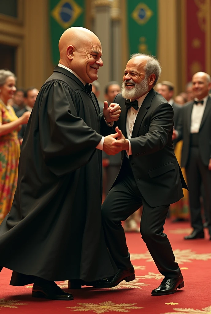 bald supreme court judge with an egg head dancing with Brazilian President Luiz Inácio Lula da Silva