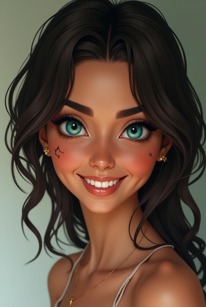 A woman with a moderate height, about 1.65 meters, with a slim and toned body. Hair would be dark, almost black, with dark brown highlights, and it would be long and loose, falling in soft waves over shoulders.
eyes would be a deep blue color, almost turquoise, with a warm and welcoming look. Skin would be brown, with a warm and natural tone, with a small tattoo of a star on the left cheek.
Smile would be wide and warm, with aligned and shiny teeth. A small scar on the upper lip.
More feminine proportions, with loose shoulders and generous curves in the waist and buttocks.