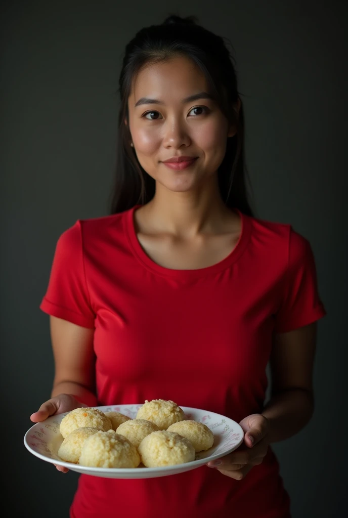 photo of an Indonesian widow woman 2, her hair is straight and tied at the top, her skin is brown, her breasts are beautiful and her body is hourglass profil, wearing a red colored collared t-shirt, serving ketupat opor, dark background