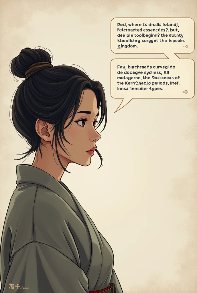 Historical Background Section:** - The female character reappears with a thoughtful expression, wondering about the origins of Korea's cultural essence. - A text box that reads, "But, where did it all begin?" followed by another that says, "Let’s go back to the roots, the Gojoseon period, Korea's ancient kingdom."