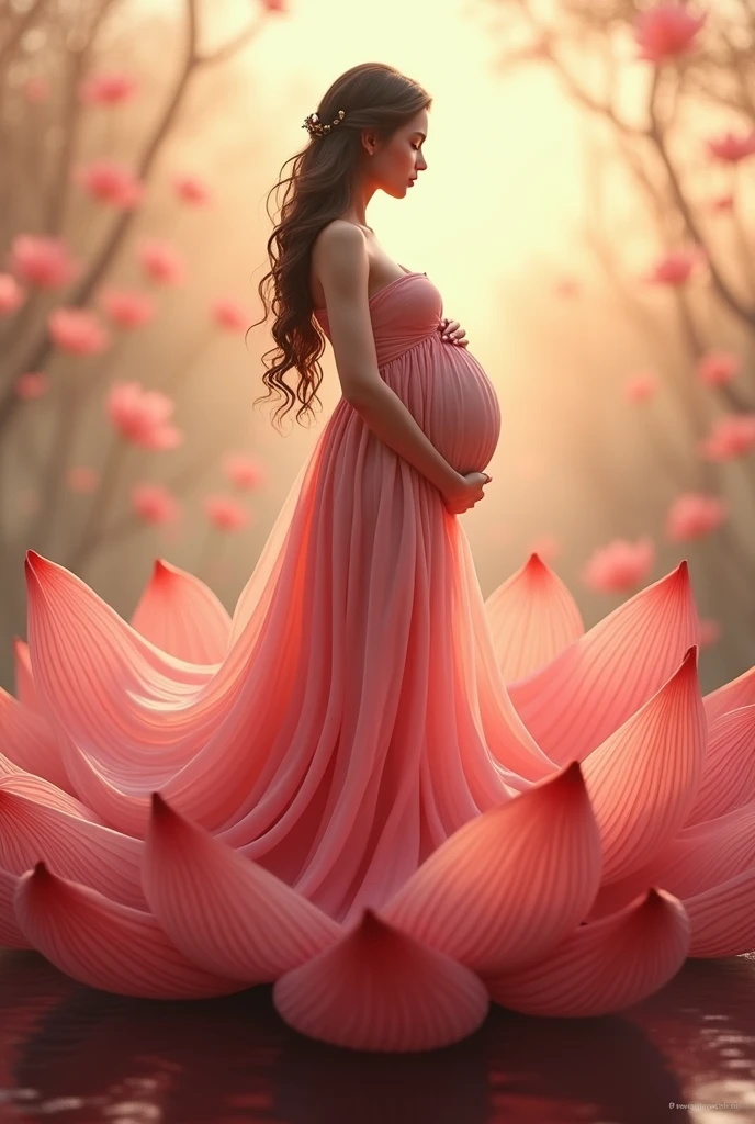 pregnant woman in a pink dress standing in a lotus flower, digital art inspired by Igor Kieryluk, cgsociety contest winner, digital art, maternal photography 4 k, beautiful digital artwork, beautiful digital illustration, beautiful digital art, beautiful digital painting, beautiful gorgeous digital art, gorgeous digital painting, very beautiful digital art, stunning digital illustration, gorgeous digital art, pregnant belly