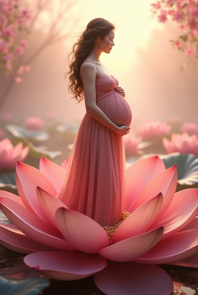 pregnant woman in a pink dress standing in a lotus flower, digital art inspired by Igor Kieryluk, cgsociety contest winner, digital art, maternal photography 4 k, beautiful digital artwork, beautiful digital illustration, beautiful digital art, beautiful digital painting, beautiful gorgeous digital art, gorgeous digital painting, very beautiful digital art, stunning digital illustration, gorgeous digital art, pregnant belly