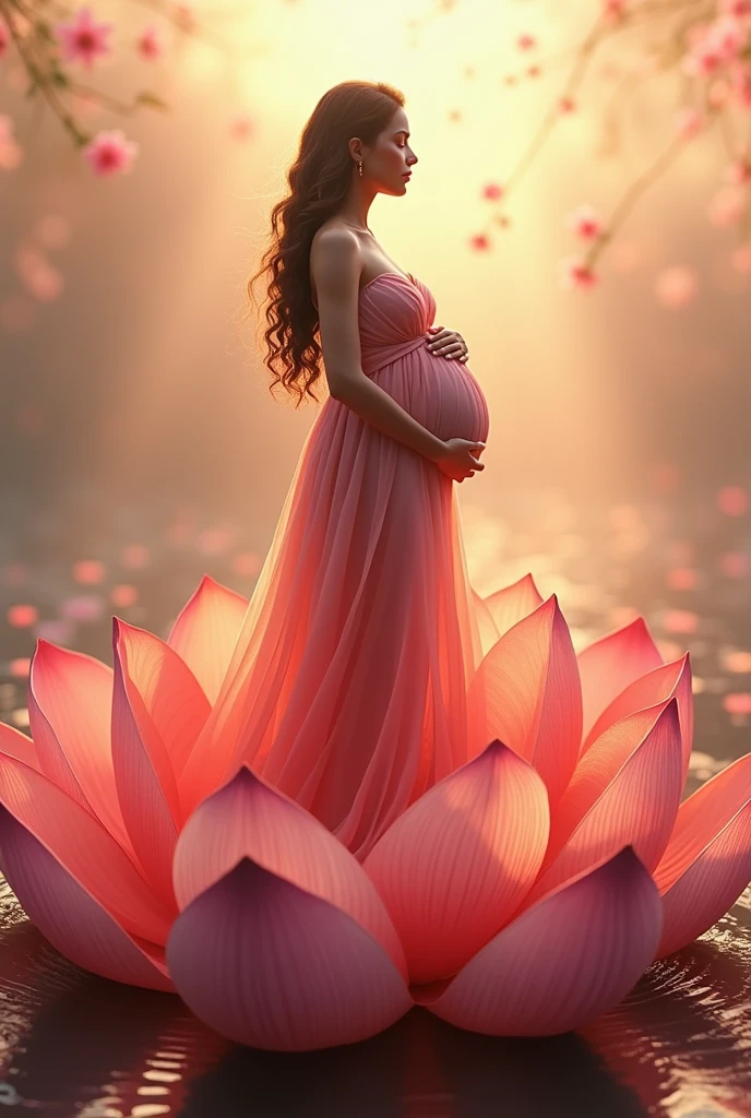 pregnant woman in a pink dress standing in a lotus flower, digital art inspired by Igor Kieryluk, cgsociety contest winner, digital art, maternal photography 4 k, beautiful digital artwork, beautiful digital illustration, beautiful digital art, beautiful digital painting, beautiful gorgeous digital art, gorgeous digital painting, very beautiful digital art, stunning digital illustration, gorgeous digital art, pregnant belly