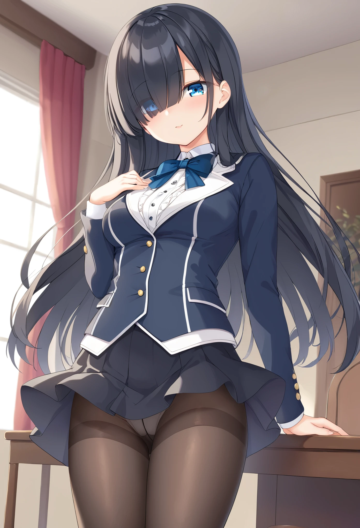 eyes visible through hair / bangs,(hair over one eyes),Long Black Hair、blue eyes,(Cute butler girl),Black Mini Skirt、tights、Photograph the whole body