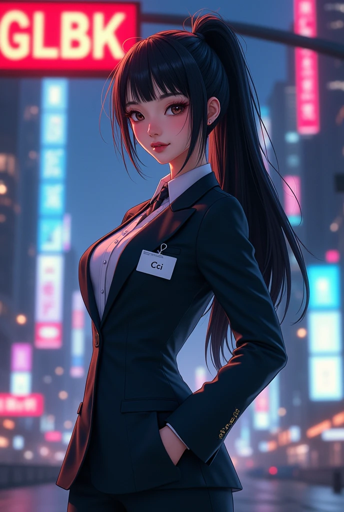 Create anime character;
{background: capital HD text: “GLBK” in center-top, night}, white skin,
realistic, HDR, beautiful, donghua style, full body, age 20, office clothes, name card: “CICI”, female, black hair, long hair, pony hair, like mafia