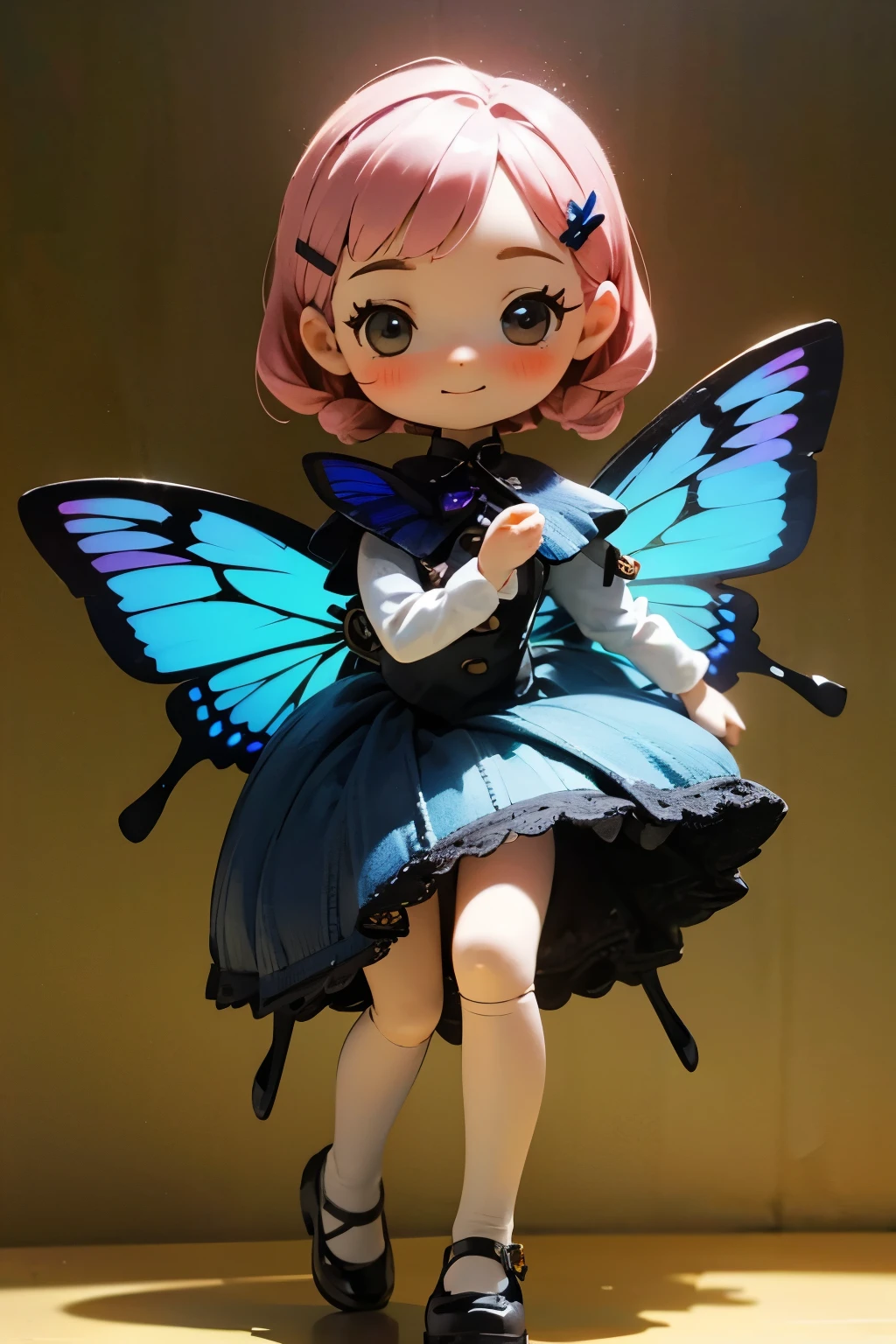 Photorealistic、Chibi Girl Doll（Embarrassed blushing smile、Morpho butterfly-inspired clothing that glows softly in the dark、Cute Shoes、Cute Hairpins、rotate、Dance with grace）