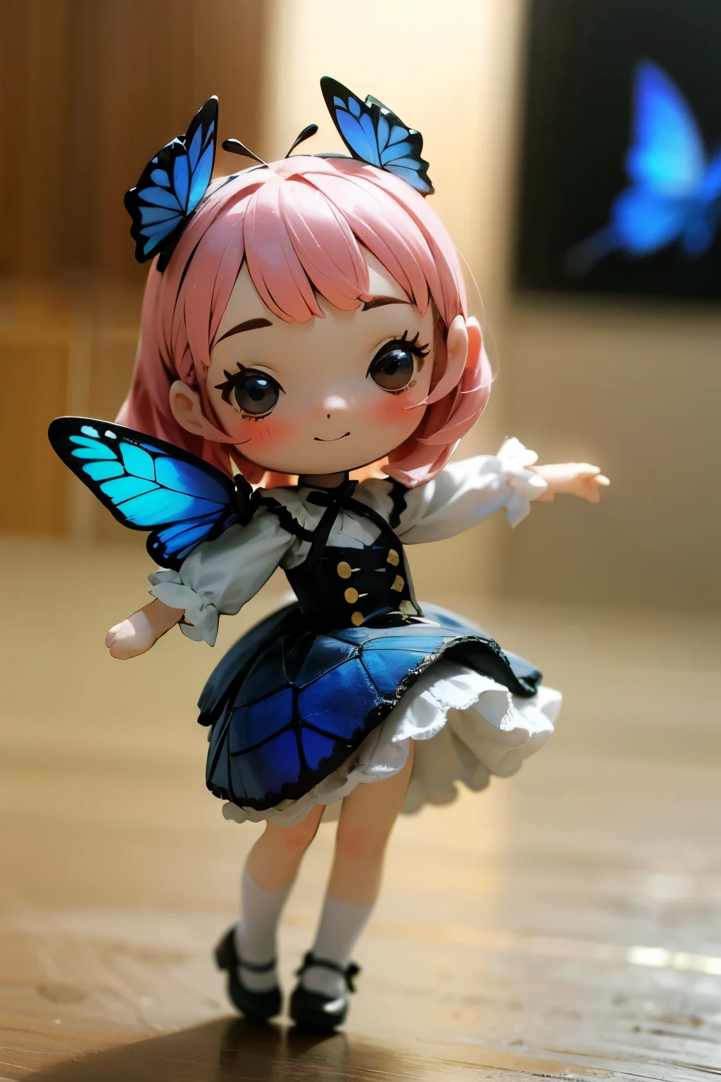 Photorealistic、Chibi Girl Doll(Embarrassed blushing smile、Morpho butterfly-inspired clothing that glows softly in the dark、Cute Shoes、Cute Hairpins、rotate、Dance with grace)