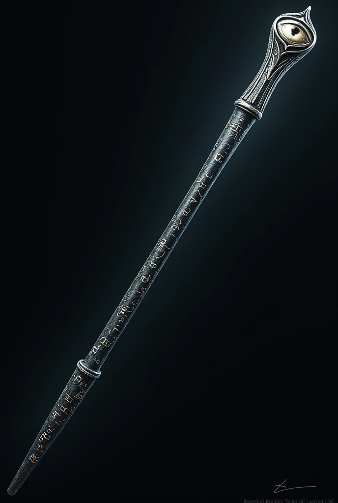 I would like a wand for a Harry Potter RPG, It has the following characteristics: celestial eye wand, with silver-veined ebony wood, with phoenix owl feather core, length of 13,5 inches, unyielding, with a black finish and a soft silver sheen, Along the wand are ancient and intricate runes, the handle is adorned with a carved owl's eye