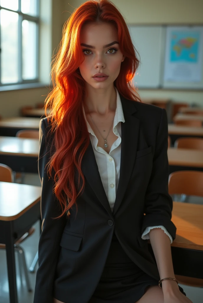 Beautiful woman、Perfect body、Model-like body、Long beautiful red hair、Fine colors、Best image quality、Wearing a high school uniform、In the classroom、Mean face、Photograph the whole body、Looking up
