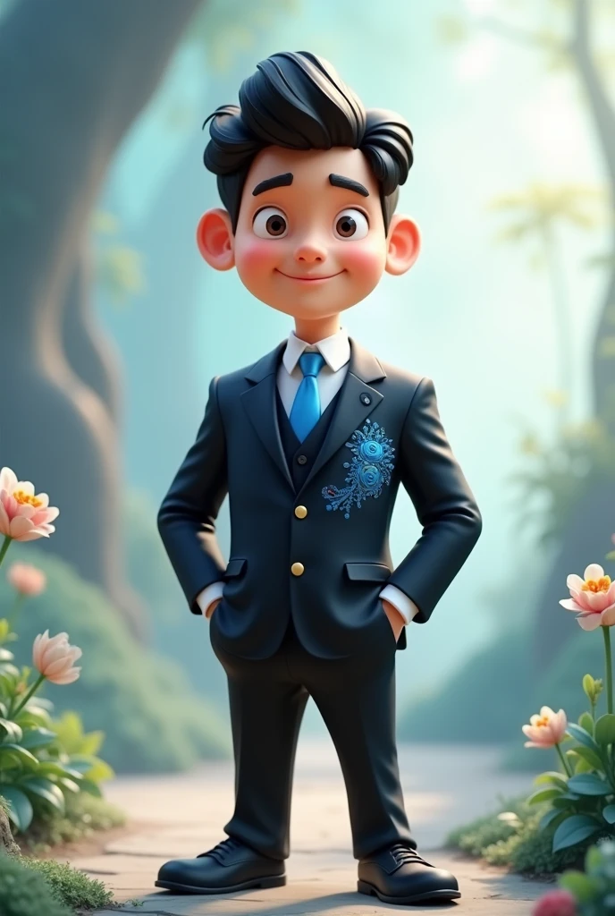 Cartoon man wearing a black suit with a large blue VME embroidered on it, against a peaceful backdrop.