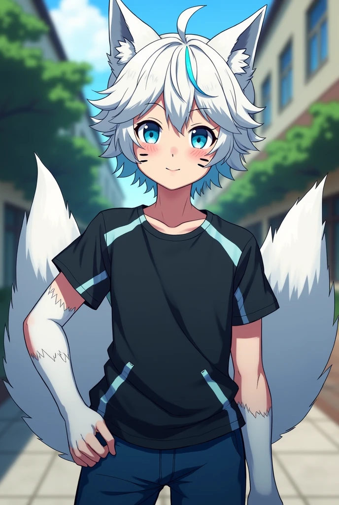 it's a boy, Chico, that looks like a fox hybrid , Her hair is white and is a little curly. , has light blue locks , Her eyes are a pastel blue color. The clothing is a black shirt with light blue , his navy blue pants. He has a calm look. That it has a theme of the anime my Hero academy. It has two furry fox tails on the back and also has light blue locks..He has black cat-like markings on his face.. Half of his legs and arms from the elbow down are wolf fur.. It has a medium size.