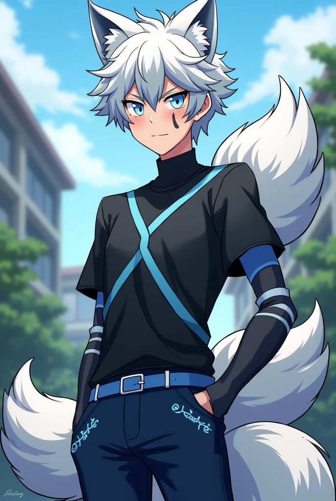 it's a boy, Chico, that looks like a fox hybrid , Her hair is white and is a little curly. , has light blue locks , Her eyes are a pastel blue color. The clothing is a black shirt with light blue , his navy blue pants. He has a calm look. That it has a theme of the anime my Hero academy. It has two furry fox tails on the back and also has light blue locks..He has black cat-like markings on his face.. Half of his legs and arms from the elbow down are wolf fur.. It has a medium size.