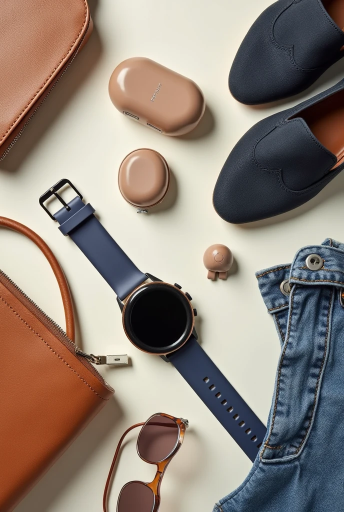 multiple items photo like Ultra watch earbud fashion accessories and shoes and clothes and kitchen accessories and other electronic accessories with beautiful background 