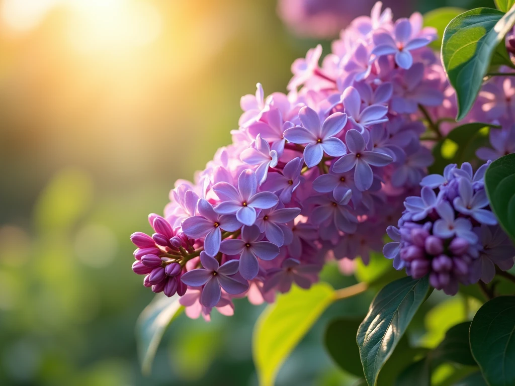 Create a close-up, realistic image of a Summer Lilac plant in full bloom, with vibrant, lavender-colored flower clusters cascading gracefully from the branches. The leaves should be a lush green, with a slightly matte texture, capturing the natural veins and subtle imperfections. The background should be softly blurred, with hints of a sunny garden, allowing the focus to remain on the delicate, fragrant blossoms. Include warm, golden sunlight filtering through, casting soft shadows and giving the flowers a gentle glow, making the scene feel both vibrant and serene