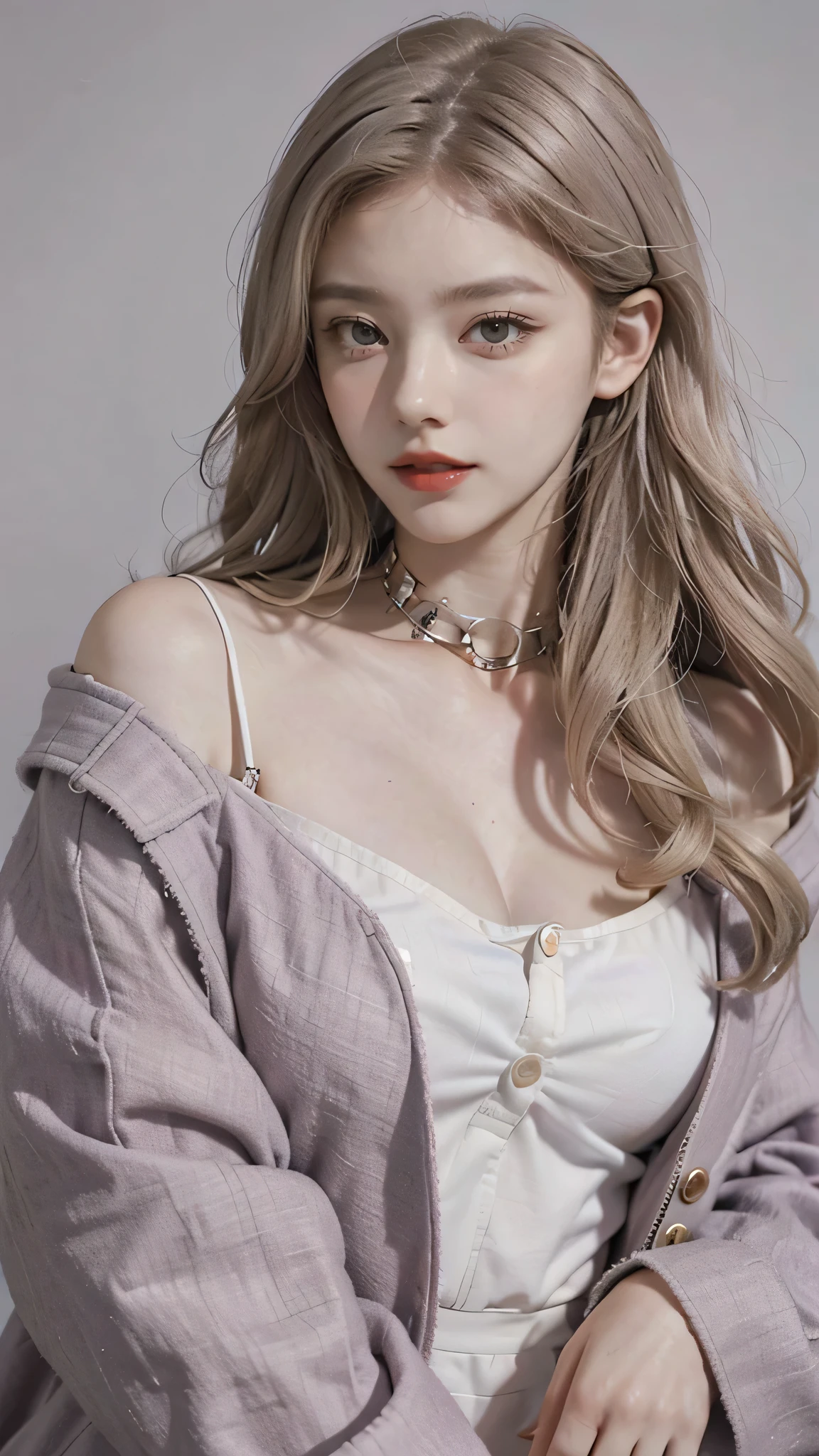 Girl wearing, luxury lavender coat, collar design, button closed, shoulder length hair, wavy hair, glowing skin, star in eye, red lips, grey background, cute poses , upper body, light blonde hair.
