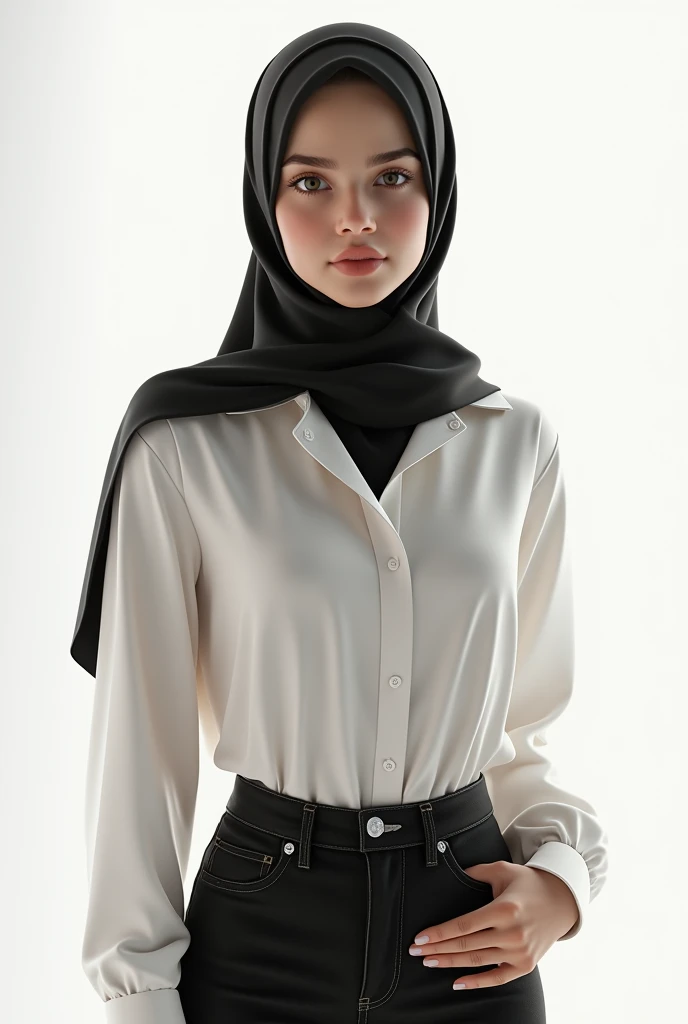 a full body cute muslim woman standing in front of a white wall,  trending on cg society, realism, in white blouse and black jeans, black hijab,black shoes,young and cute girl, tight shirt, white outline, white background!!!!!!!!!!, 1 girl, milky white skin,, with backlight, slim waist, high collar