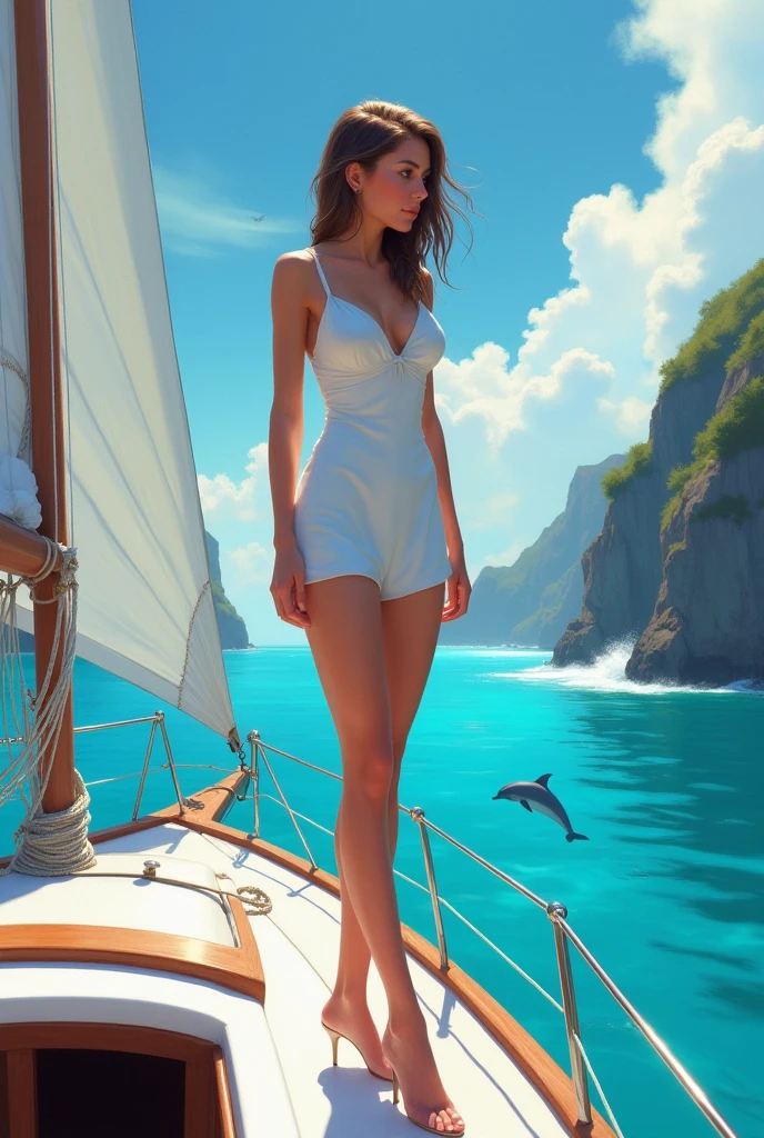 a pier made from ice leading into the sea there is a young woman in a bathing suit and high heels drinking cocktail, calm sea background, seagulls flying,  sunny day, sun rays,  Ultra-high resolution, High Contrast, (masterpiece:1.5), highest quality, Best aesthetics), 16K fantasy art, best details, best quality, highres, (ultra wide angle: 1.2), 16k, [ultra detailed], masterpiece, best quality, (extremely detailed), ais-icebaby, ais-artdeco