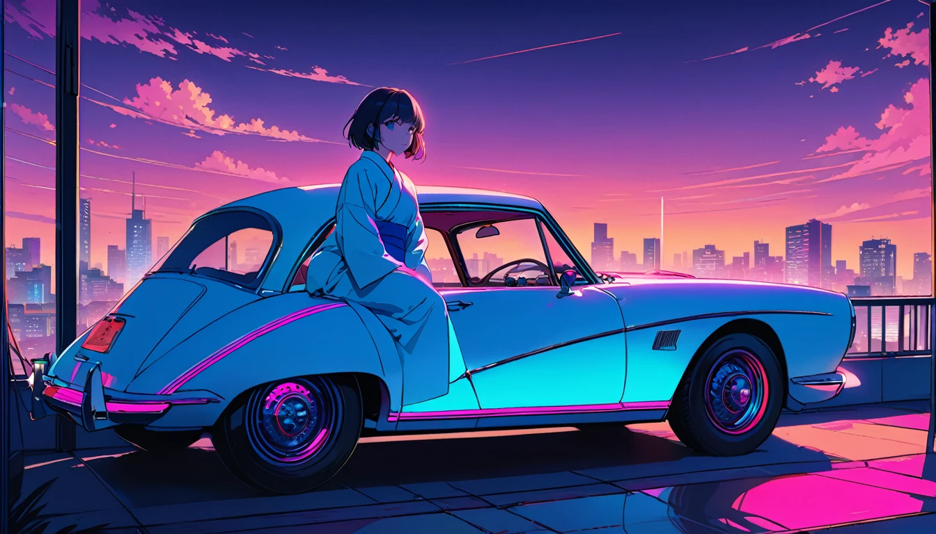 masterpiece,Highest quality,1 Synthwaveガール,Blue outline,Retro Car,Blue fluorescent paint,alone,From below,Cowboy Shot,Sitting on the roof of a building,Highly detailed CG,Flat Color,Limited Edition Palette,Line art,silhouette,Partially colored,Alternative color,Dynamic Angle,Mizuga Short Bob、Blue Long Upper Champagne,Dark purple shadow,Synthwave,chromatic aberration,(aloneフォーカス)、Perfect Shadow、yukata、Delicate face、、Beautiful and delicate eyes、Delicate background、Blue Neon Light、night、