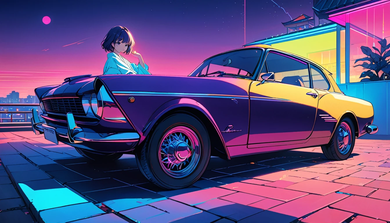 masterpiece,Highest quality,1 Synthwaveガール,Blue outline,Retro Car,Blue fluorescent paint,alone,From below,Cowboy Shot,Sitting on the roof of a building,Highly detailed CG,Flat Color,Limited Edition Palette,Line art,silhouette,Partially colored,Alternative color,Dynamic Angle,Mizuga Short Bob、Blue Long Upper Champagne,Dark purple shadow,Synthwave,chromatic aberration,(aloneフォーカス)、Perfect Shadow、yukata、Delicate face、、Beautiful and delicate eyes、Delicate background、Blue Neon Light、night、