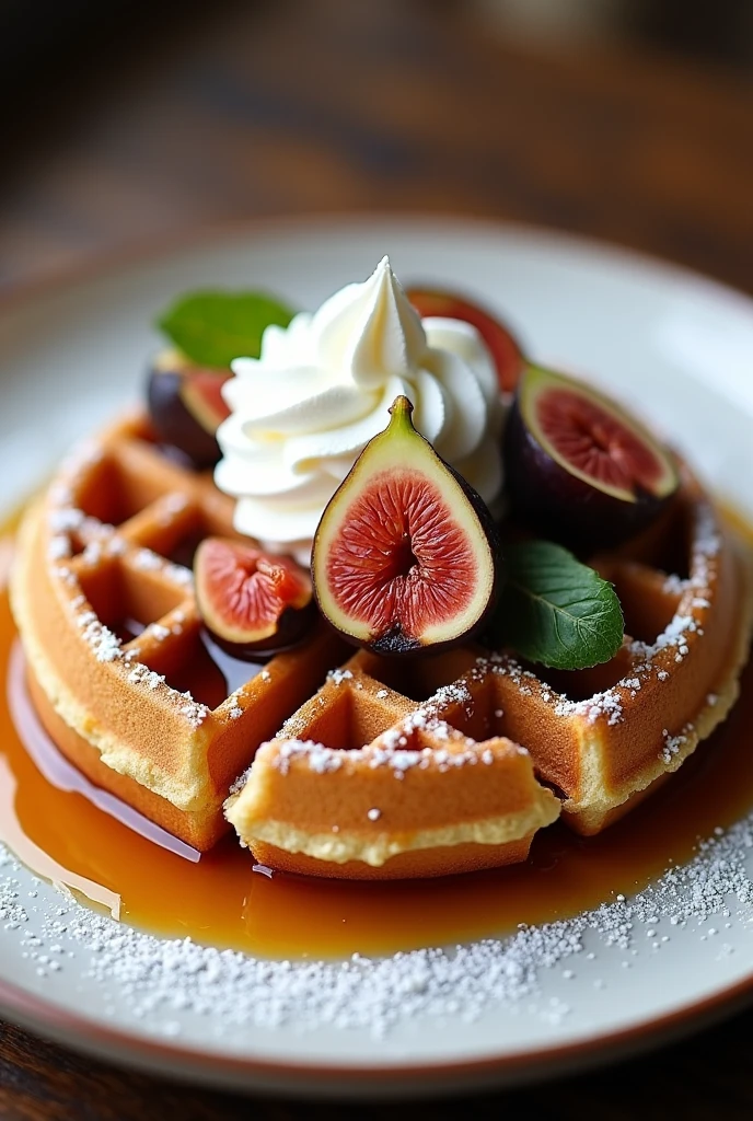 Waffle with figs, whipped cream and fig jam 