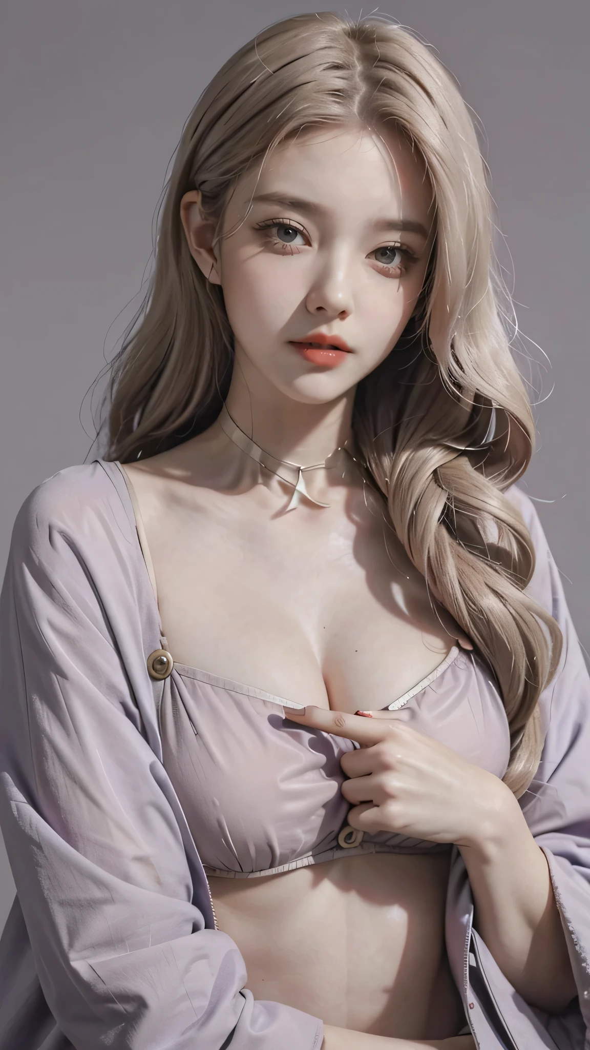 Girl wearing, luxury lavender coat, collar design, button closed, shoulder length hair, wavy hair, glowing skin, star in eye, red lips, grey background, cute poses , upper body, light blonde hair.
