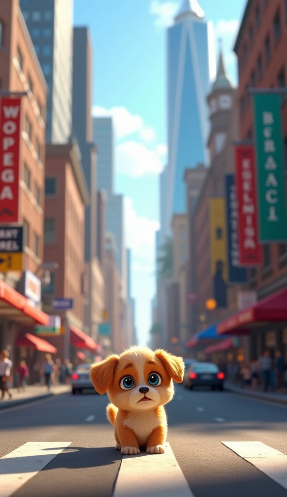 A small, fluffy puppy named Max, lost in a bustling city street, looking around with a worried expression. The city is filled with tall buildings and busy people.