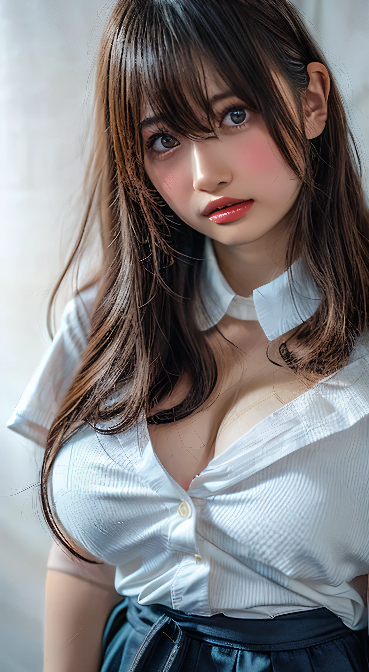 (Highest quality、Tabletop、RAW quality、Best image quality、Award-winning works)、Cute school girl、White polyester collared shirt torn by huge breasts、Short sleeve:1.4)、(Navy Pleated Skirt:1.1)、Girl portrait photography、Glowing Skin、Brown Hair、Are standing、Sculpture Pose、(The simplest pure white background:1.1)、(Large Breasts:1.8)、Accentuate your body lines:1.1)、Very large red ribbon tie、Very short hair、smile、((The most beautiful obscene high school girl in Japan))、((sexly))((卑猥でsexlyすぎるCute school girl))、((Big breasts that are bigger than her face and tend to sag a little))、((Very soft breasts when massaged))、((updo))((Glamour and perfect body))、((童顔でかわいい顔立ちにピュアでsexlyな表情))、((Sweaty body))((涙とsexlyな目))、((High school girls are full of sexual appeal))、((Sweat makes the skin oily and shiny.))、((Realistic cute school girl's breasts))、((Sweaty, shiny skin))、((世界一の超弩級のsexly身体))((卑猥でsexly雰囲気の写真))、((Sweat is running down her cleavage))、((Protruding chest))、((Plumplung))((Huge breasts that make you want to suck them))、((Huge breasts that make you want to squeeze them))、((Staring at the camera with a shy and confused look))