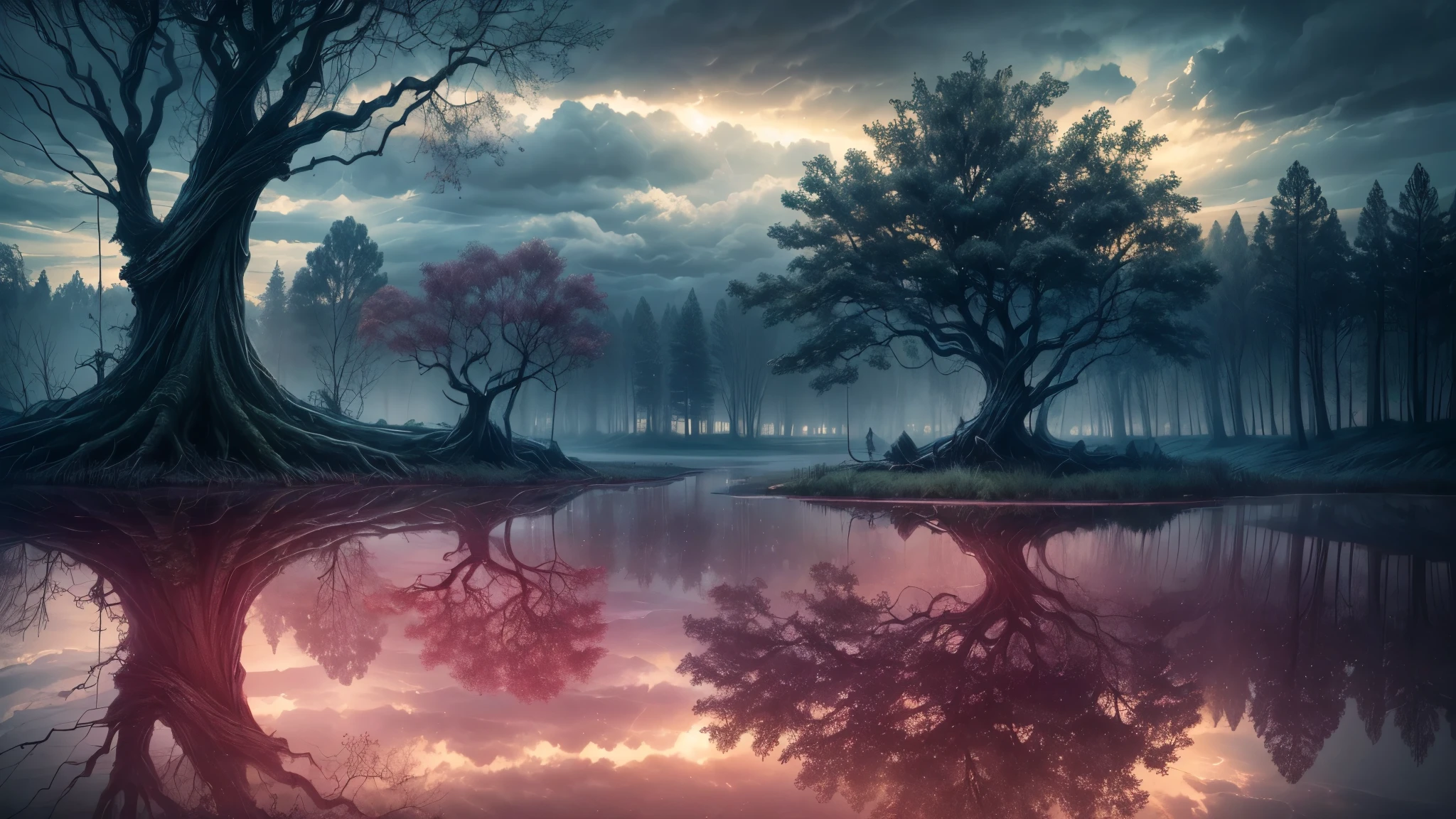 "((Mystical)) atmosphere, girl kneeling beside a pond, ((moody clouds)), ((twisted and gnarly tree)), ((dramatic lighting)), ((reflections in the water)), detailed painting, ((captivating composition)), masterpiece