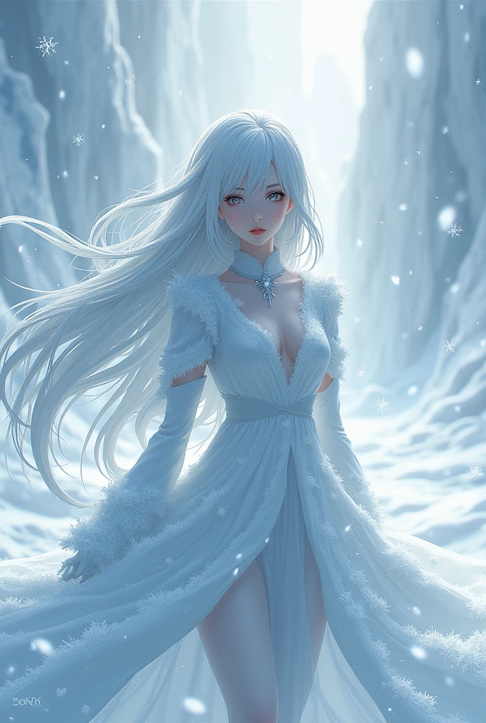 A beautiful girl with long hair, Walking in a forest covered in white snowstorms. A very strong blizzard The trees were completely covered with white snow, with the sun shining on her face, close up.
