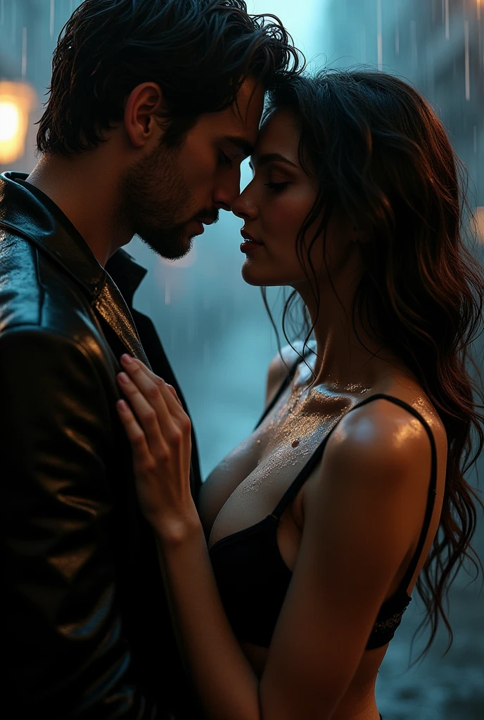 Create a high quality realistic image, white sexy girl wears a wide-necked shirt, stretches her neck and kisses a man, the girl is so wet from the rain, kisses a man, the image let the audience see girl's neck