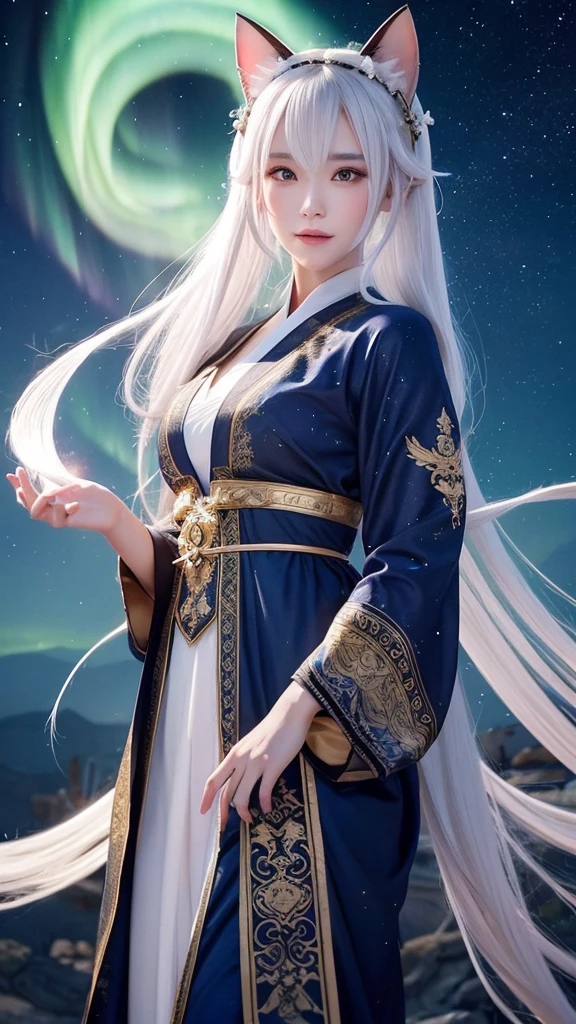 A beautiful fortune teller with long flowing white hair and cat ears、Standing with the body facing forward。She has a mysterious and unrealistic air about her.、His sharp eyes seem to harbor ancient wisdom.。Wearing intricately patterned robes、Interwoven with mystical symbols and elements of the night sky。The background is a magnificent and spectacular scene.、Swirling Galaxy、Twinkling Star々、And the mysterious aurora spreads。The overall atmosphere is magical and enchanting.、accentuates the fortune teller's powerful presence and beauty.。Rendered in the highest quality。