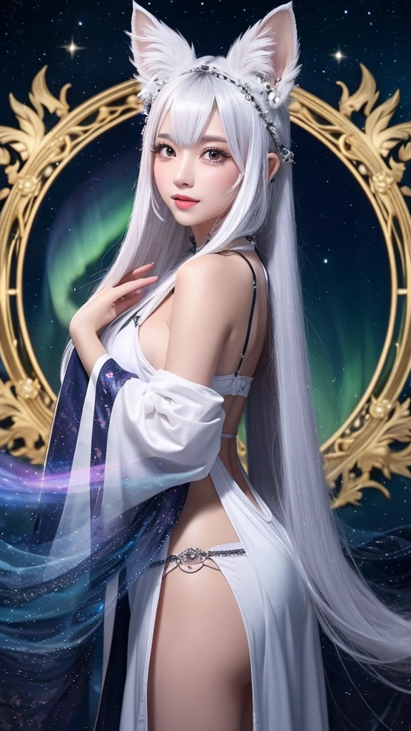 A beautiful fortune teller with long flowing white hair and cat ears、Standing with the body facing forward。She has a mysterious and unrealistic air about her.、His sharp eyes seem to harbor ancient wisdom.。Wearing intricately patterned robes、Interwoven with mystical symbols and elements of the night sky。The background is a magnificent and spectacular scene.、Swirling Galaxy、Twinkling Star々、And the mysterious aurora spreads。The overall atmosphere is magical and enchanting.、accentuates the fortune teller's powerful presence and beauty.。Rendered in the highest quality。