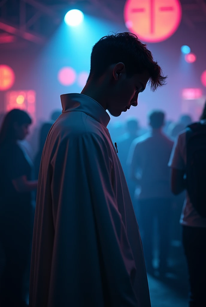 Male altar boy in profile at a nightclub