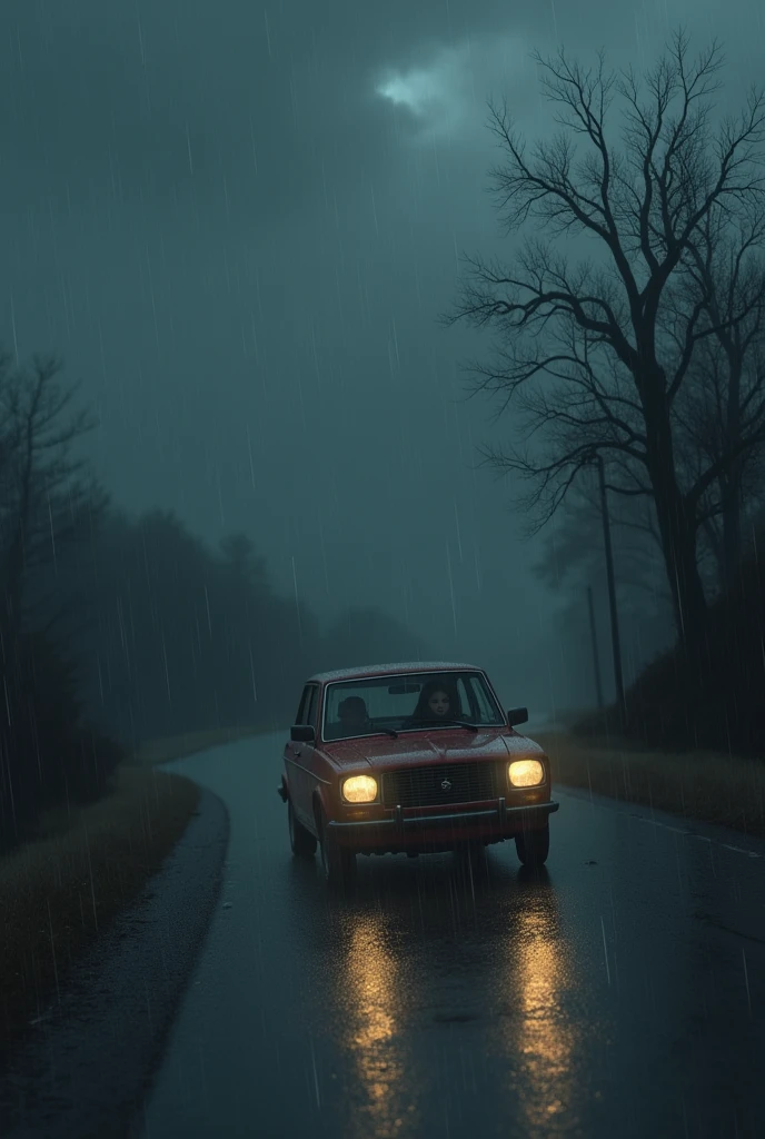 make a young girl with black hair, driving a car on a dark and gloomy road, alone, in rainy weather