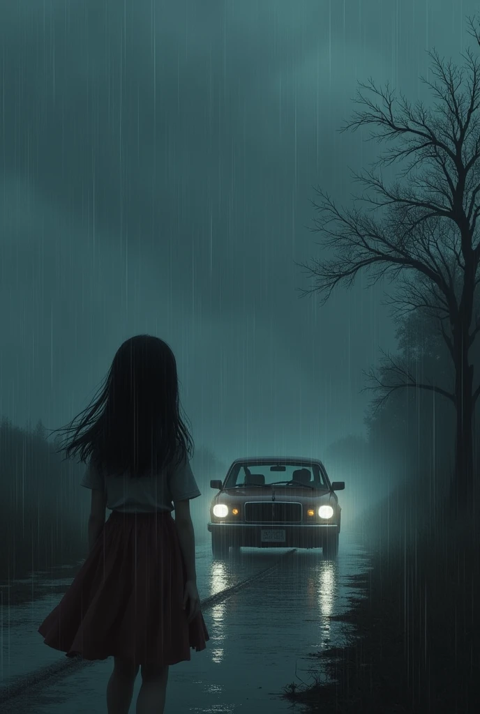 make a young girl with black hair, driving a car on a dark and gloomy road, alone, in rainy weather