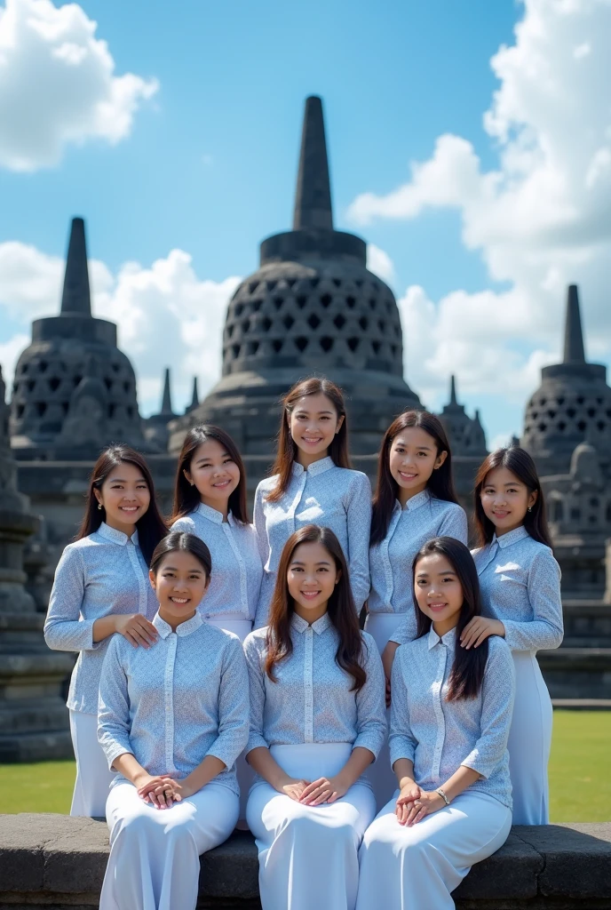 professional photography there are 8 beautiful Indonesian women, standing and sitting poses, wearing a white shirt with a matching blue pattern, with a smile, with the background of the beautiful Borobudur temple with bright blue clouds. ultrahd+, fullHD, realistic, must be detailed , SHARP OBJECT FOCUS