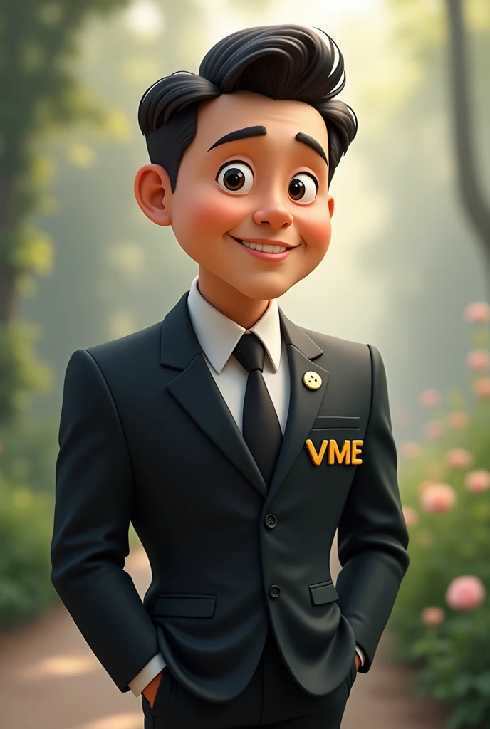 Cartoon man wearing a black suit with VME embroidered on it in a peaceful setting