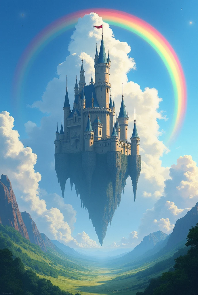 A giant castle floating in the clouds。A rainbow surrounds the castle、Below is a valley with sunlight streaming in.。A small star in the sky々blinked、A wind-blown flag flies from a castle tower。
