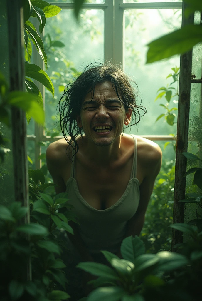 Freaking out person in a green house