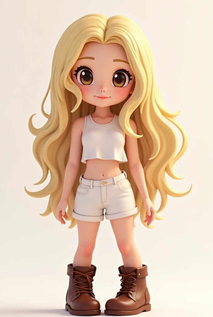 un personnage roblox blond avec de long cheveux bouclés un visage kawai et une demi queue un top blanc des bottes marrons et un crop top blanc je veux qu’elle est un fond blanc 