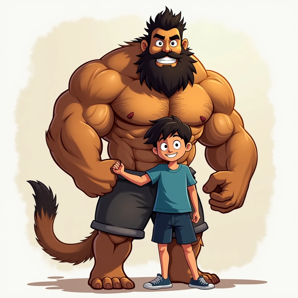 Big Shot, Design character of Man Furui, Fluffy German Shepherd, He is muscular，With a beard, Huge muscles，His body is very strong and solid., He wears shorts, .He is a father, dad, daddy, This character is a boyfriend, He is hugging a boy, The boy has black hair and a blue T-shirt