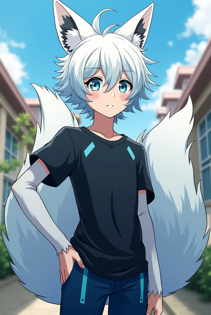 it's a boy, Chico, that looks like a fox hybrid , Her hair is white and is a little curly. , has light blue locks , Her eyes are a pastel blue color. The clothing is a black shirt with light blue , his navy blue pants. He has a calm look. That it has a theme of the anime my Hero academy. It has two furry fox tails on the back and also has light blue locks..He has black cat-like markings on his face.. Half of his legs and arms from the elbow down are wolf fur.. It has a medium size.