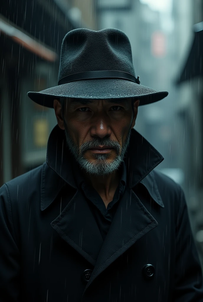 “Moody portrait of a Japanese man in his 40s, with sharp, weathered features, short salt-and-pepper hair, piercing dark eyes, and a hint of stubble. He’s wearing a black trench coat, standing in a dimly lit alleyway with rain pouring down, his face partially shadowed by the brim of his hat”